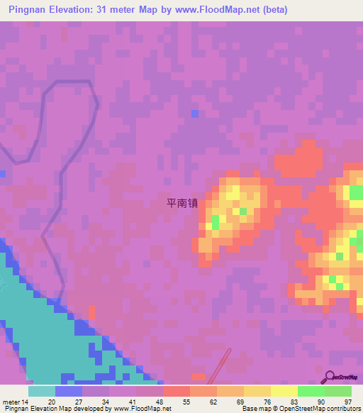 Pingnan,China Elevation Map