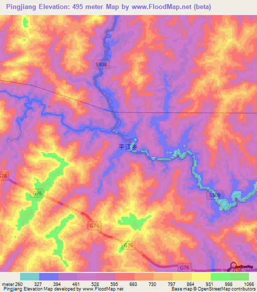 Pingjiang,China Elevation Map