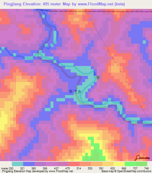 Pingjiang,China Elevation Map