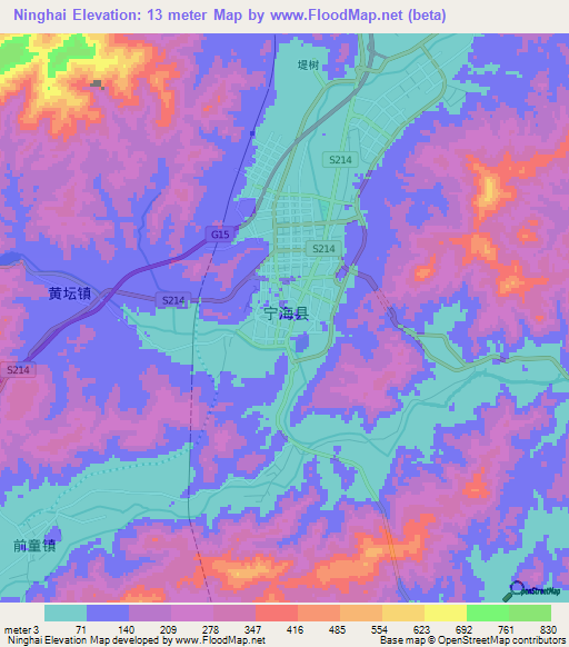 Ninghai,China Elevation Map