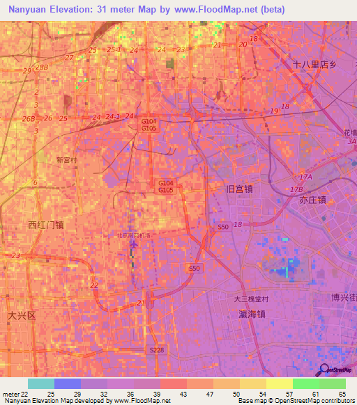 Nanyuan,China Elevation Map