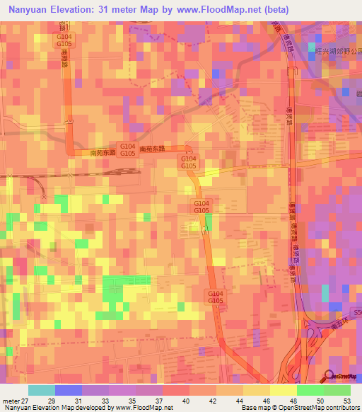 Nanyuan,China Elevation Map