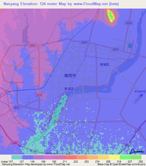 Nanyang,China Elevation Map