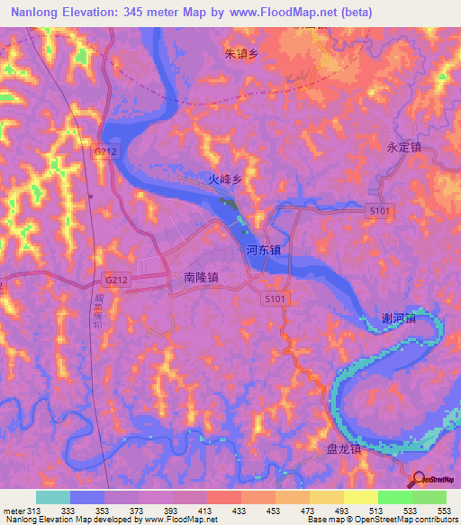 Nanlong,China Elevation Map