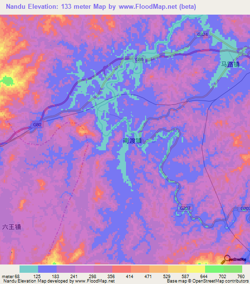 Nandu,China Elevation Map