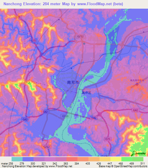 Nanchong,China Elevation Map