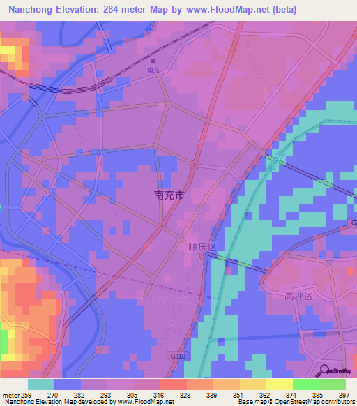 Nanchong,China Elevation Map