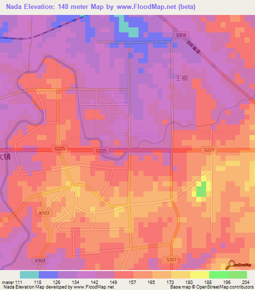 Nada,China Elevation Map