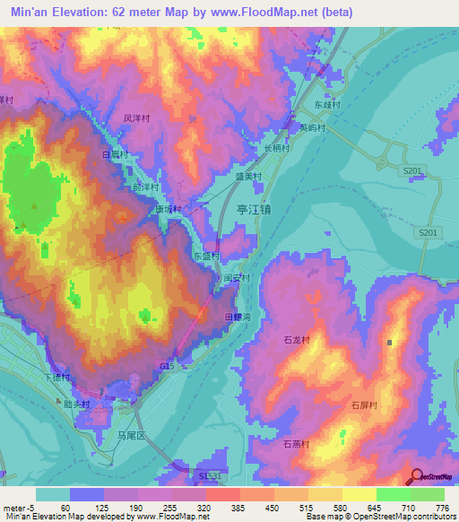 Min'an,China Elevation Map