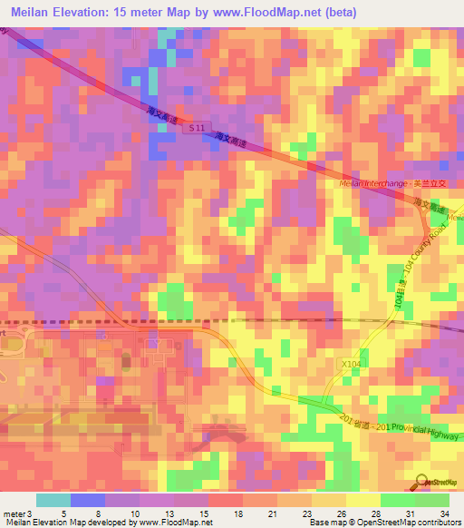 Meilan,China Elevation Map