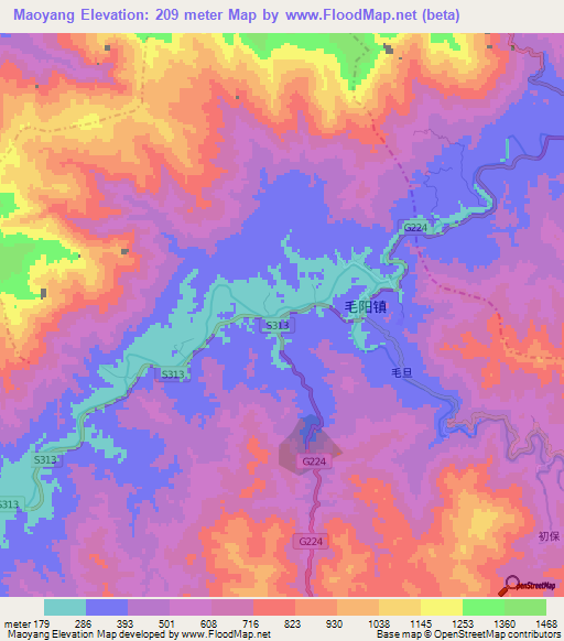Maoyang,China Elevation Map