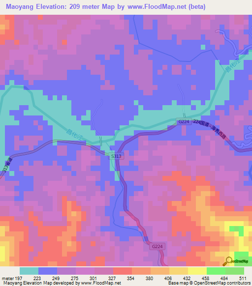 Maoyang,China Elevation Map