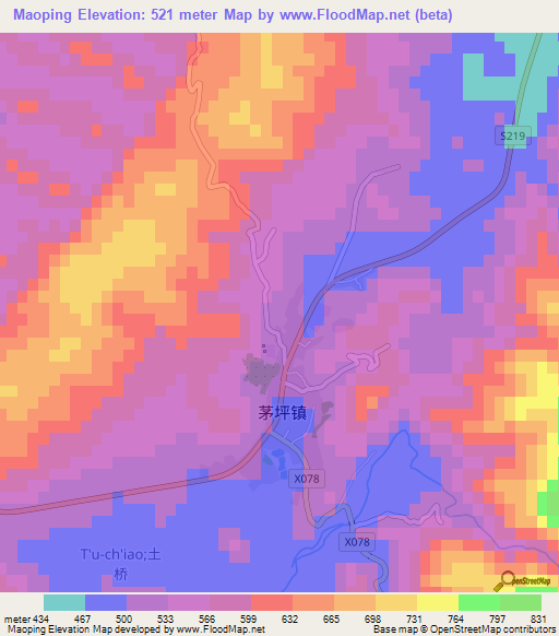 Maoping,China Elevation Map