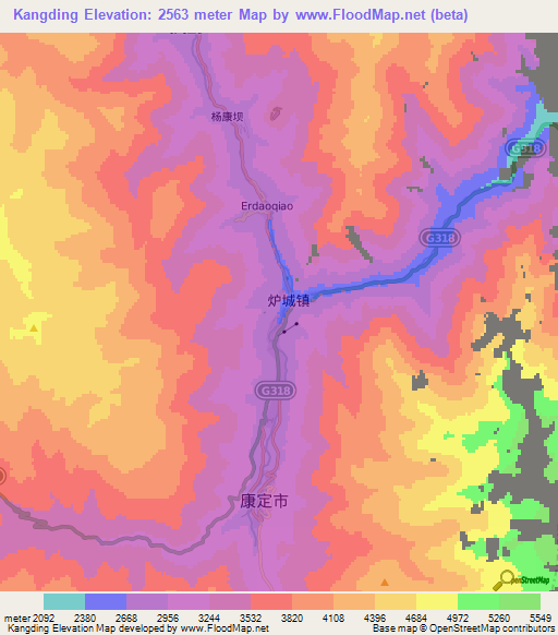 Kangding,China Elevation Map