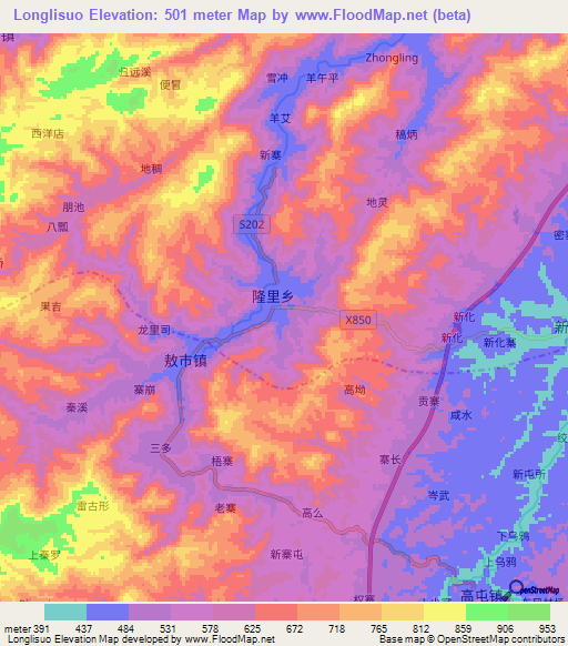 Longlisuo,China Elevation Map