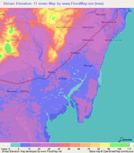 Shirazi,Kenya Elevation Map