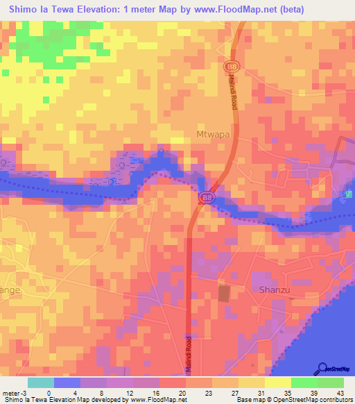 Shimo la Tewa,Kenya Elevation Map