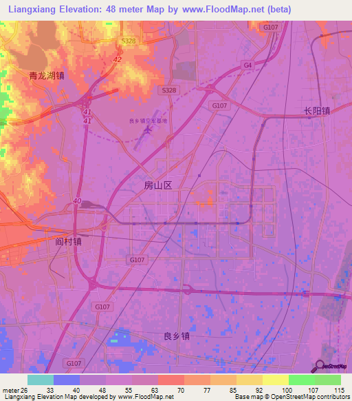 Liangxiang,China Elevation Map