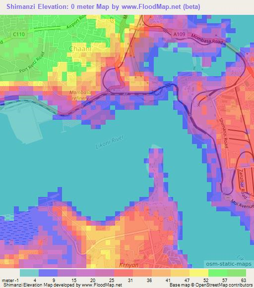Shimanzi,Kenya Elevation Map