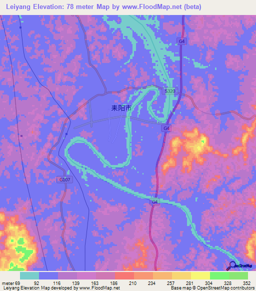 Leiyang,China Elevation Map