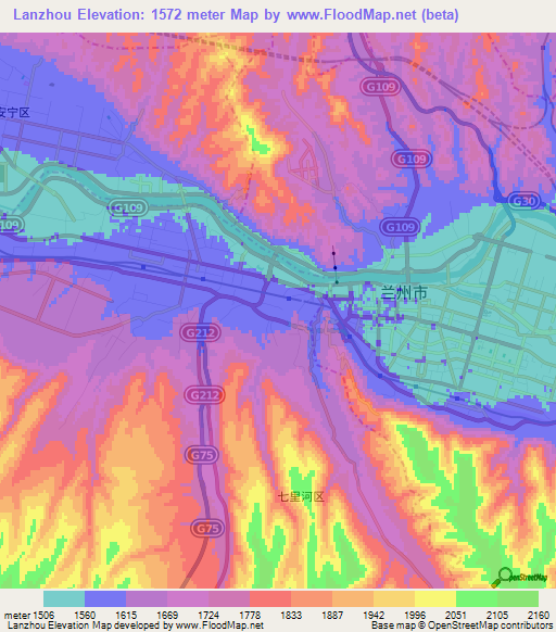 Lanzhou,China Elevation Map