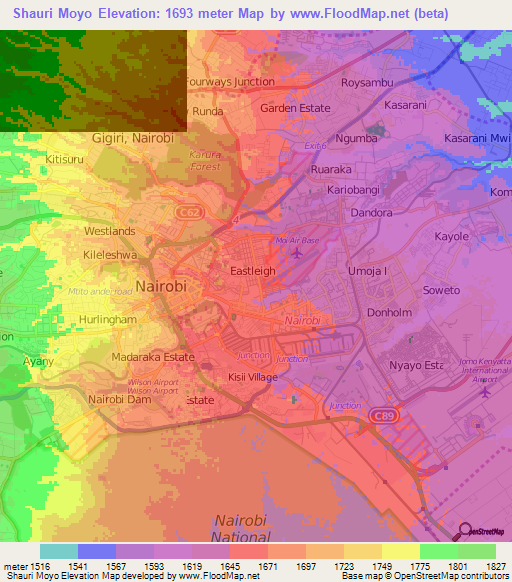 Shauri Moyo,Kenya Elevation Map