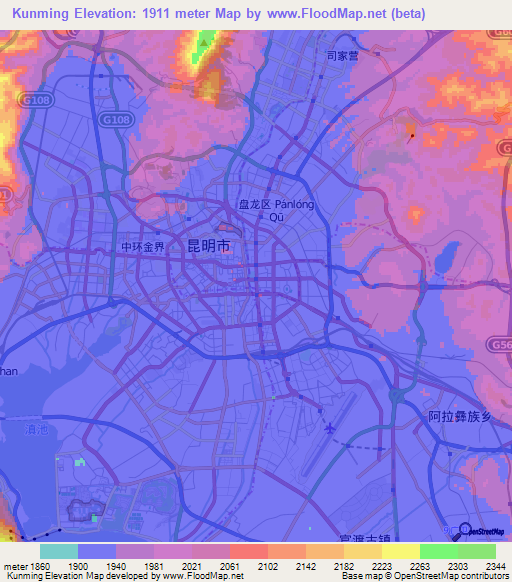 Kunming,China Elevation Map