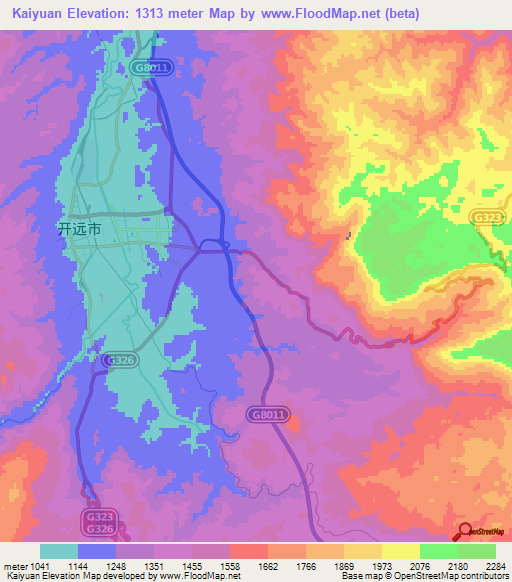 Kaiyuan,China Elevation Map