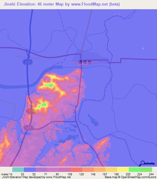 Jinshi,China Elevation Map