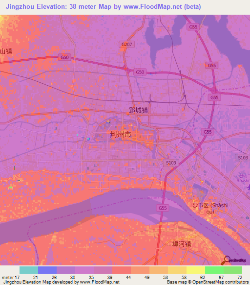 Jingzhou,China Elevation Map