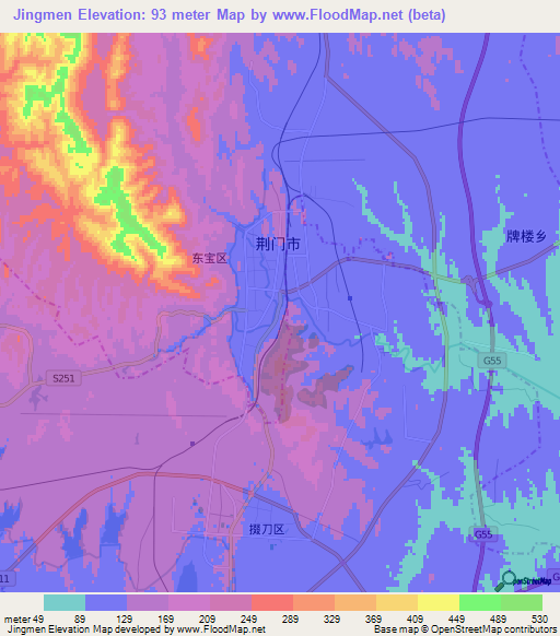 Jingmen,China Elevation Map