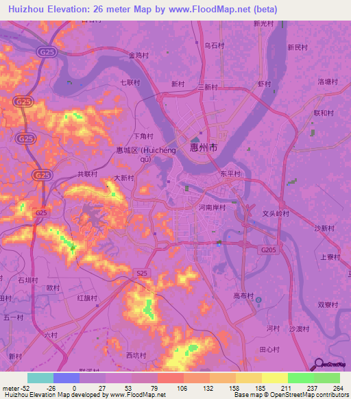 Huizhou,China Elevation Map