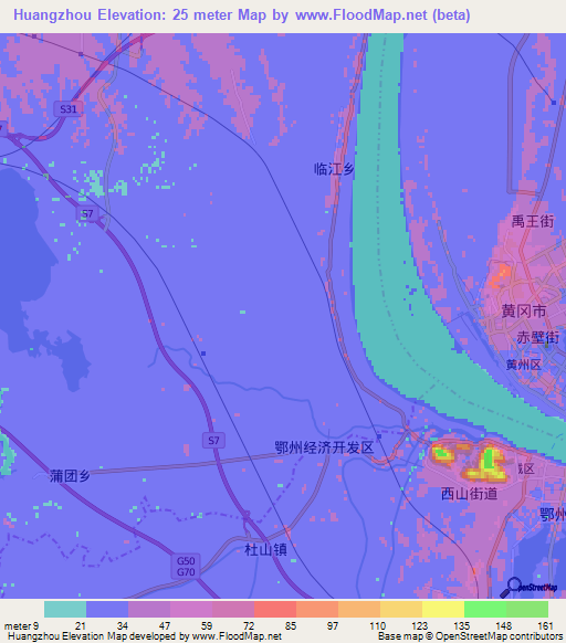 Huangzhou,China Elevation Map