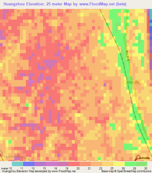 Huangzhou,China Elevation Map
