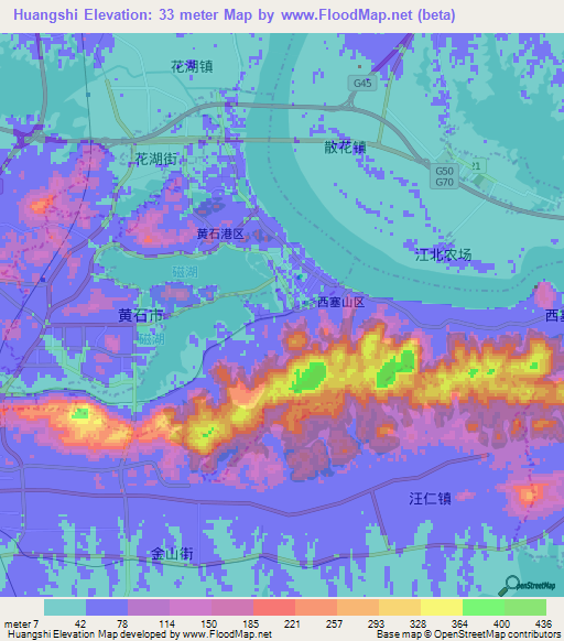 Huangshi,China Elevation Map