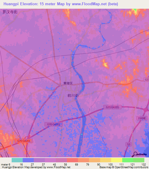 Huangpi,China Elevation Map