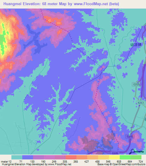 Huangmei,China Elevation Map