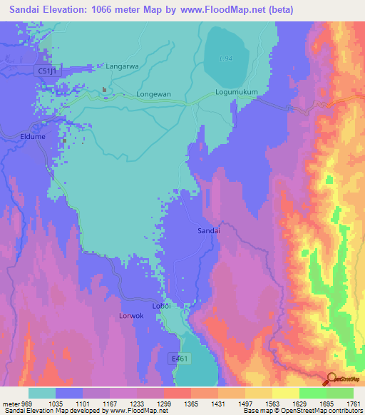 Sandai,Kenya Elevation Map