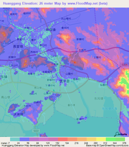 Huanggang,China Elevation Map