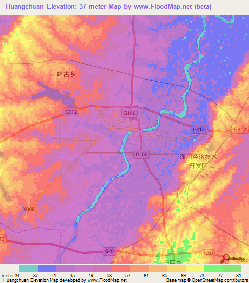 Huangchuan,China Elevation Map