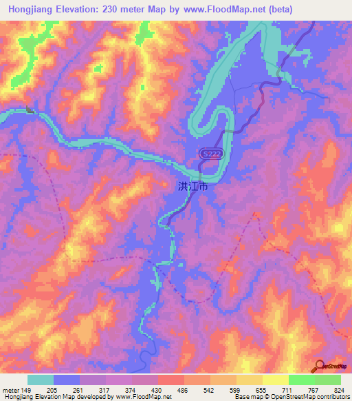 Hongjiang,China Elevation Map