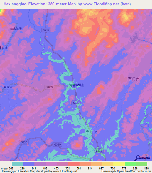 Hexiangqiao,China Elevation Map