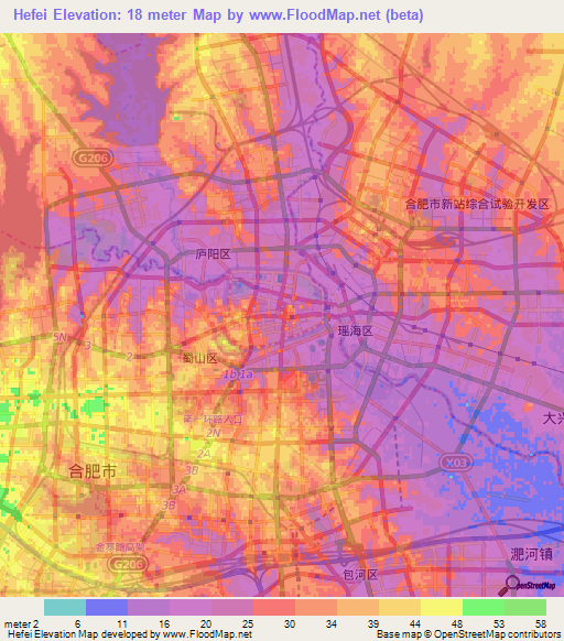 Hefei,China Elevation Map