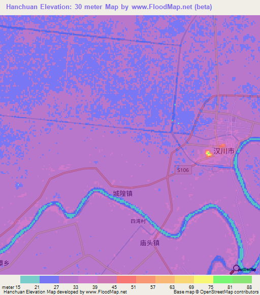 Hanchuan,China Elevation Map