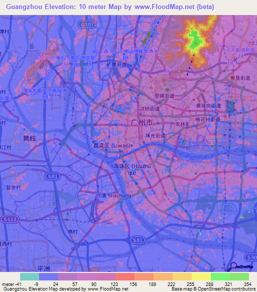 Guangzhou,China Elevation Map
