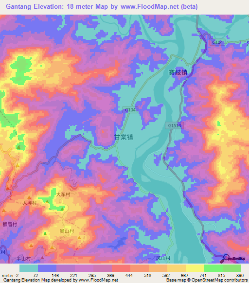Gantang,China Elevation Map