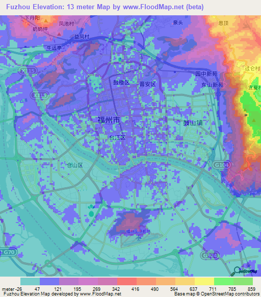 Fuzhou,China Elevation Map