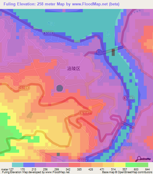 Fuling,China Elevation Map