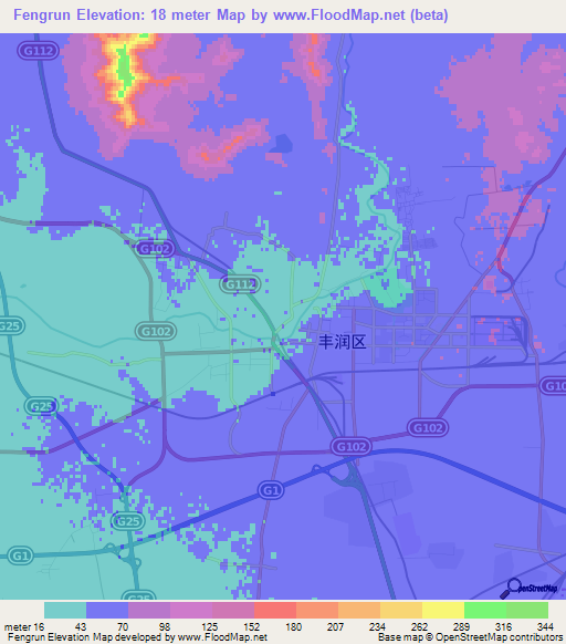 Fengrun,China Elevation Map