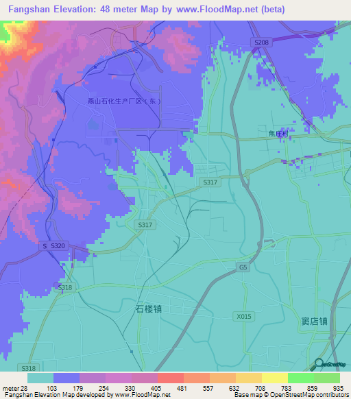 Fangshan,China Elevation Map